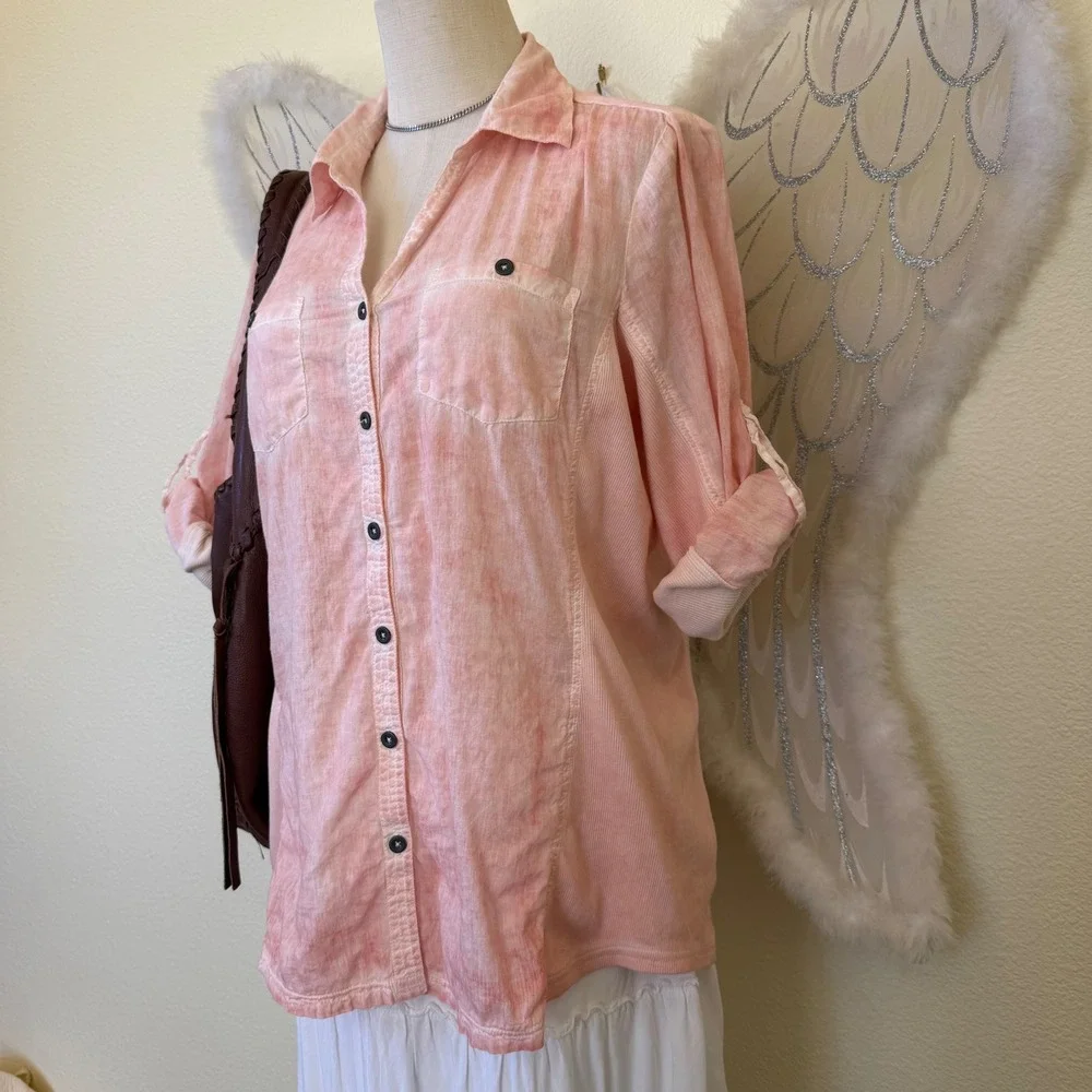 Granola Girl Cottagecore Button Up Shirt Roll Tab Sleeve Relaxed Indie Colorful‎